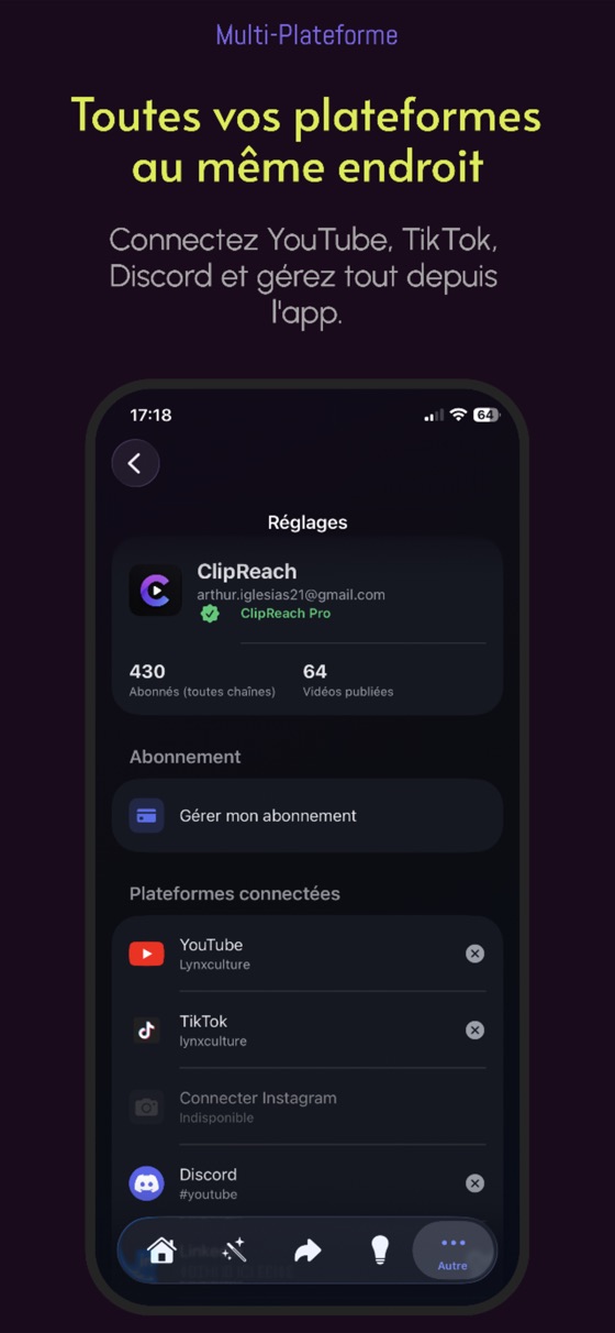 Connected platform accounts in the Klyp app