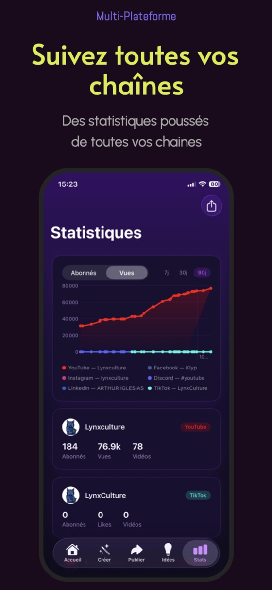 Multi-platform stats and growth chart in the Klyp app